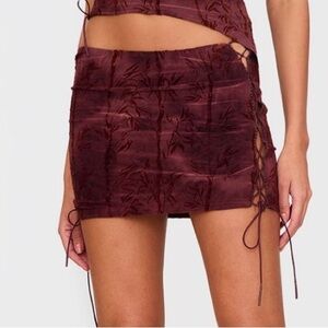 Burgundy Devore Tie Detail Micro Mini Skirt
